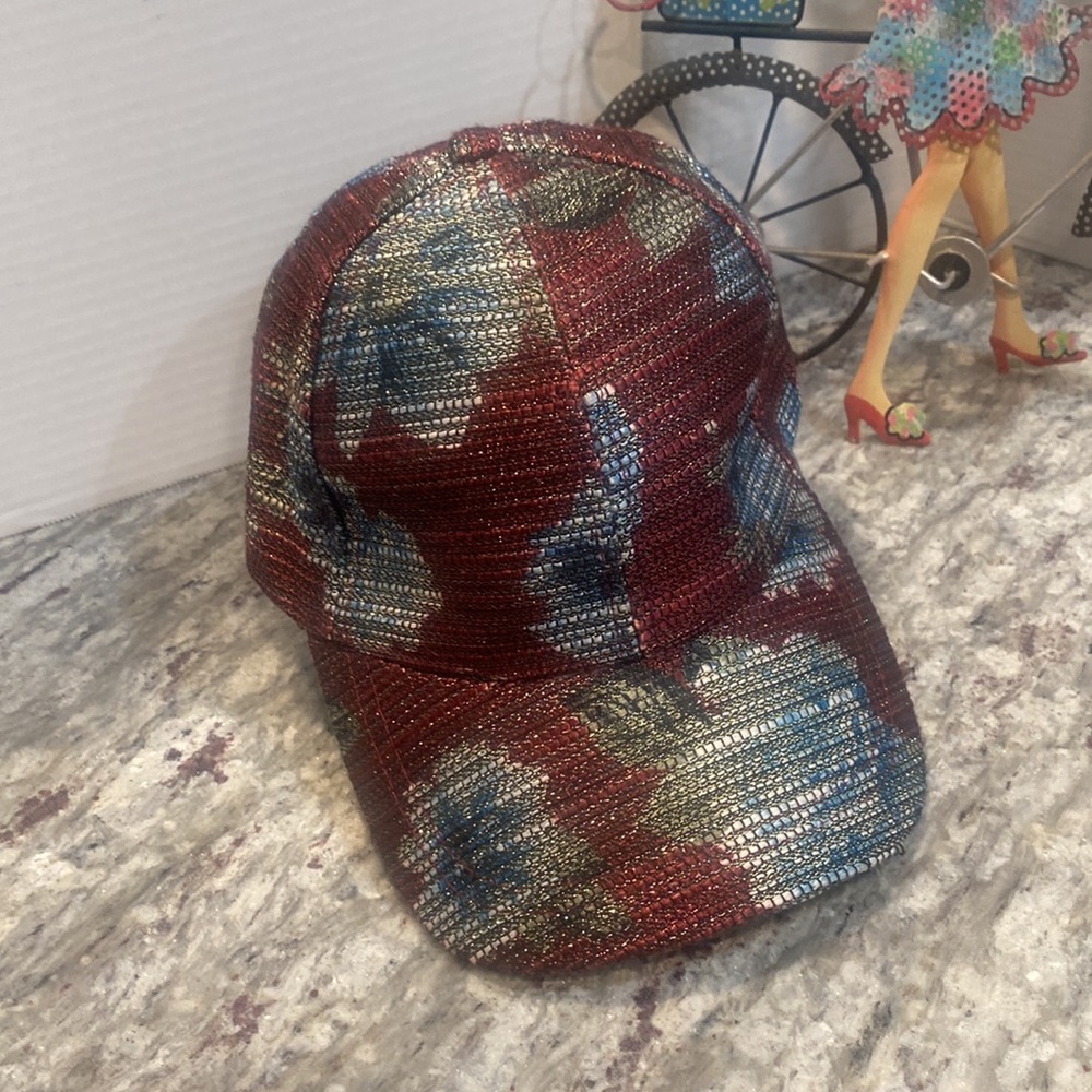 Metallic Floral Baseball Cap - Red Blue Gold